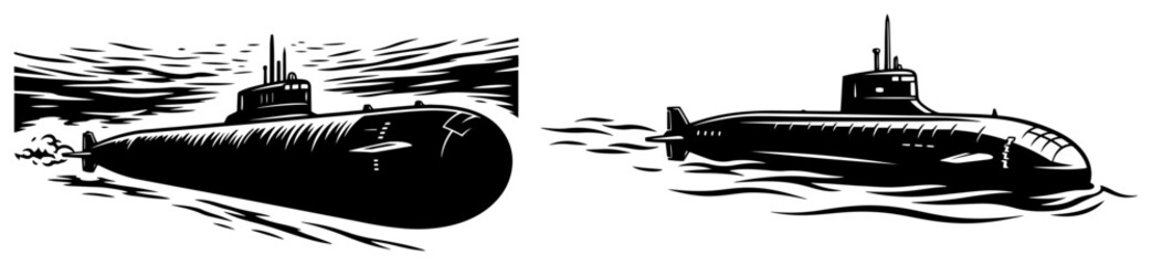 Military submarine patrolling underwater and on water surface