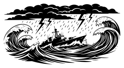 Warship sailing in heavy storm with lightning and huge waves © Logan