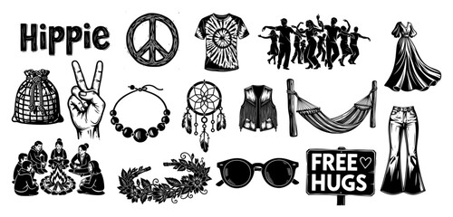 Collection of vintage hippie culture symbols and clothing illustrations
