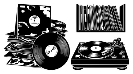 Vintage vinyl record player and album collection illustrations