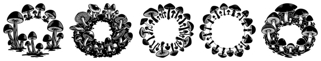 Set of circular decorative frames made of mushrooms and forest fungi © Logan