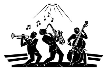 Jazz band trio playing instruments under stage spotlight