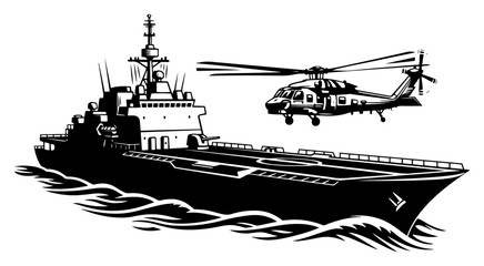 Military warship with helicopter flying above ocean waves sketch