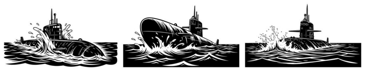 Military submarine vessel surfacing in ocean waves set