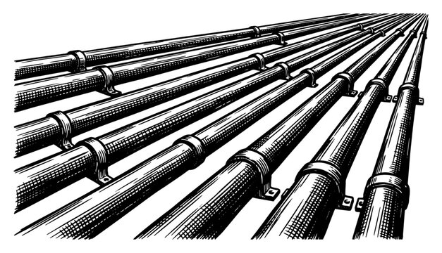 Perspective view of parallel industrial metal pipes and tubes