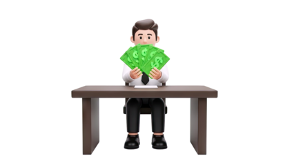 Cartoon businessman holding money at desk