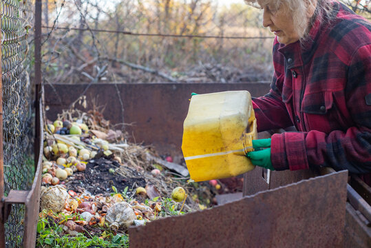 Woman pours organic waste onto a compost pile.