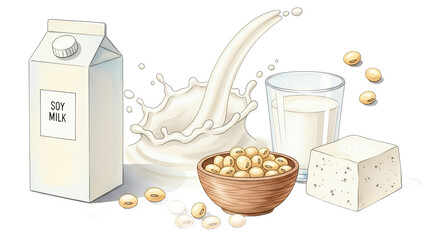 Soy milk and soy products arranged with splashing milk in a clean setting