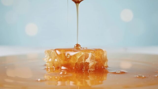Golden Honey Dripping Over Honeycomb In Soft Bokeh