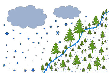 Primitive illustration of a winter landscape on a relief area.