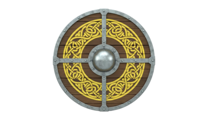 Viking shield with Celtic knot design and metal reinforcements