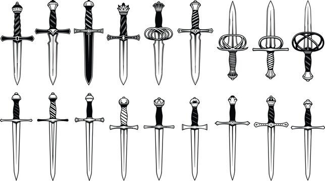 Medieval dagger and short sword set, antique blade illustrations, historical weapon collection, black line art, isolated white background