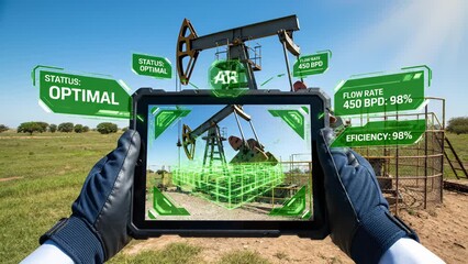 POV of industrial engineer holding tablet with augmented reality app monitoring oil pump jack status, efficiency data, and flow rate in a sunny oil field. - Powered by Adobe