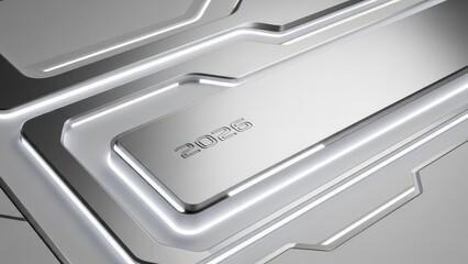 A close-up view of a metallic surface with a rectangular indentation and a logo, showcasing modern technology and industrial design.