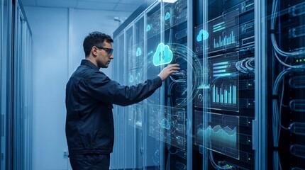 IT technician at data center examining holographic cloud interface near server racks