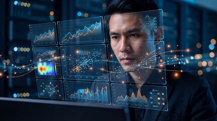 Analyst examining data visualizations and holographic charts in a high tech control room