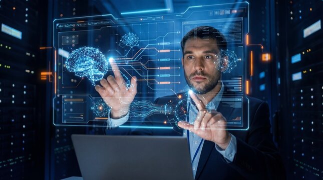 Businessman operating futuristic holographic interface in a data center with laptop