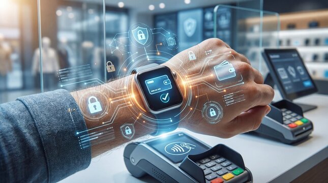 Futuristic smartwatch with holographic security icons near a contactless payment terminal in a high tech environment