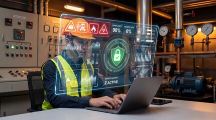 Industrial worker in safety gear monitors holographic interface in an automated plant