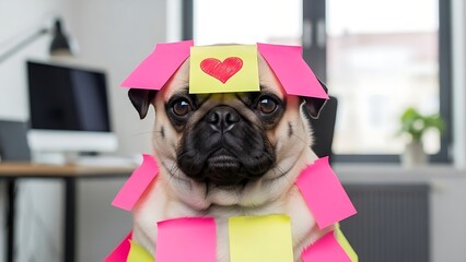 Pug dog covered in colorful sticky notes with a heart in an office.
