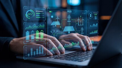 Hands typing on a laptop with holographic dashboards displaying energy data and renewable power visualization