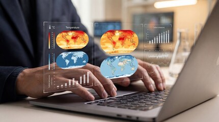 Data visualization on a holographic interface showing global maps and temperature charts