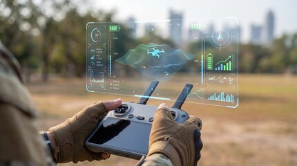 Drone controller with holographic flight interface in a park setting