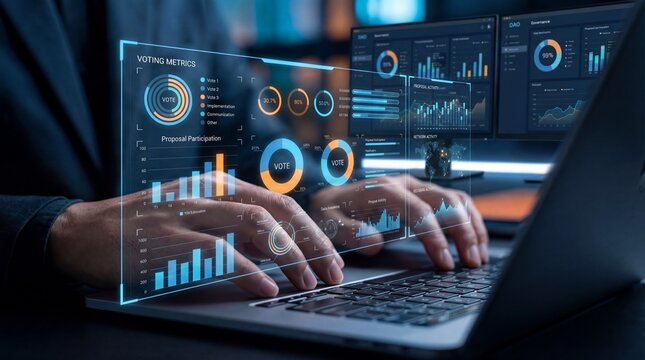 Data analytics dashboard with charts and graphs on a laptop screen
