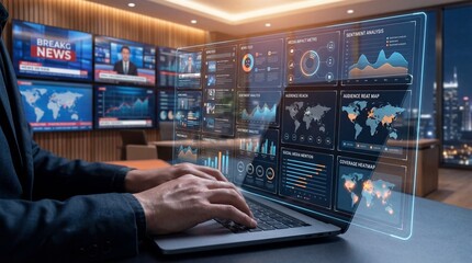 Man using a futuristic interface with data analytics in a modern office setting