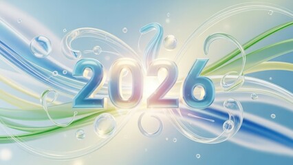 A futuristic illustration of the year 2026 with swirling lines and bubbles on a blue background