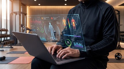 A person in a gym analyzing fitness data on a laptop with virtual health metrics displayed beside them.