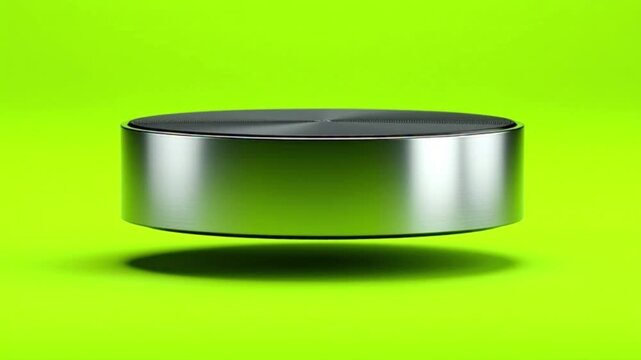 Shiny metallic object floating against a vibrant green background.
