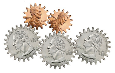 Keep your money working for you  is the theme of  this money shaped like turning gears. This is a 3-d illustration about investing..