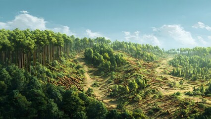 Obraz premium Conceptual landscape illustration of deforestation with cut trees and logging paths across green hills, symbolizing environmental damage, climate change, forest loss, and human impact on nature.