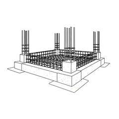 Reinforced concrete foundation with rebar and columns.