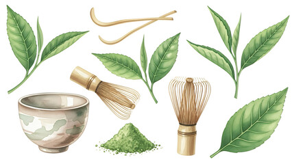 Serene tea leaves and utensils arranged in a harmonious composition on a white background