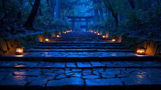 灯りに照らされた石段と奥の寺院の静かな夜景