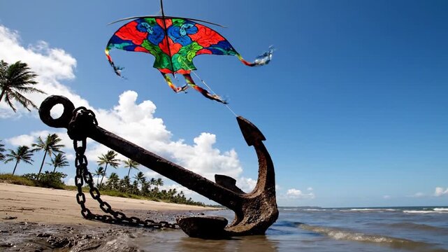 A beach scene features an anchor on the sand, a colorful kite flying, and palm trees