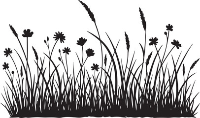 Black Silhouette of Wildflowers and Grass on White Background