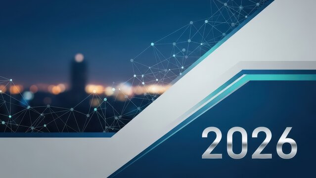 A futuristic cityscape at dusk with sleek digital graphics overlay and the year 2026 displayed prominently - Powered by Adobe