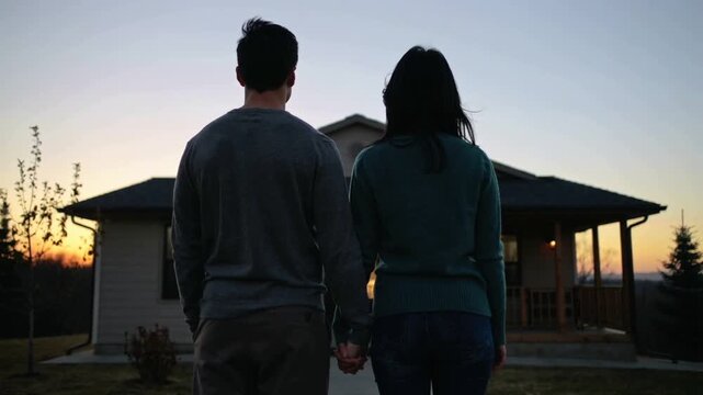 Couple observant leur future maison au coucher du soleil