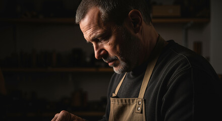Focused craftsman in apron working in a dimly lit workshop studio with dramatic lighting