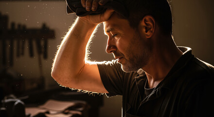 Exhausted male worker wiping sweat from forehead in a dusty industrial workshop