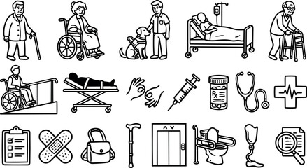 Line art icon set close up elderly care scenes showing caregiver with wheelchair patient using cane walker and hospital bed iv