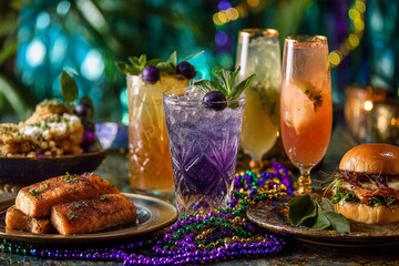 Mardi Gras Feast with Colorful Cocktails and Traditional Food