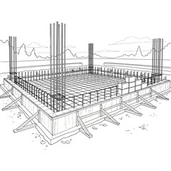 Building foundation construction with rebar and concrete piles.