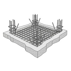 Foundation slab with rebar grid and column reinforcement.