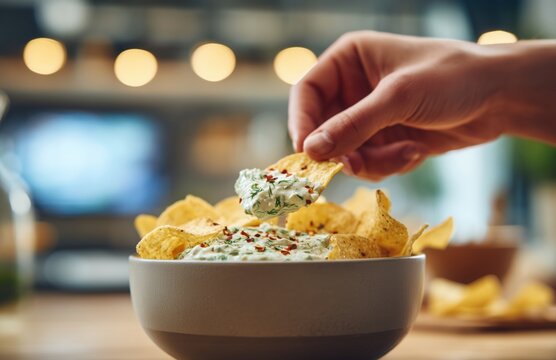 Chips and creamy dip with herbs, hand serving snack