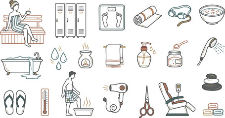 Minimalist line art spa and wellness icon set showing woman relaxing in sauna, massage stones, bath, towels and salon chair
