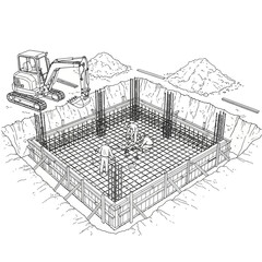 Foundation construction site with excavator and rebar.